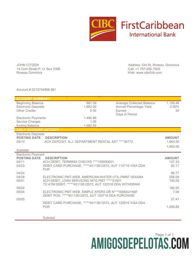 Dominica CIBC Primeiro modelo de extrato bancário internacional do Caribe